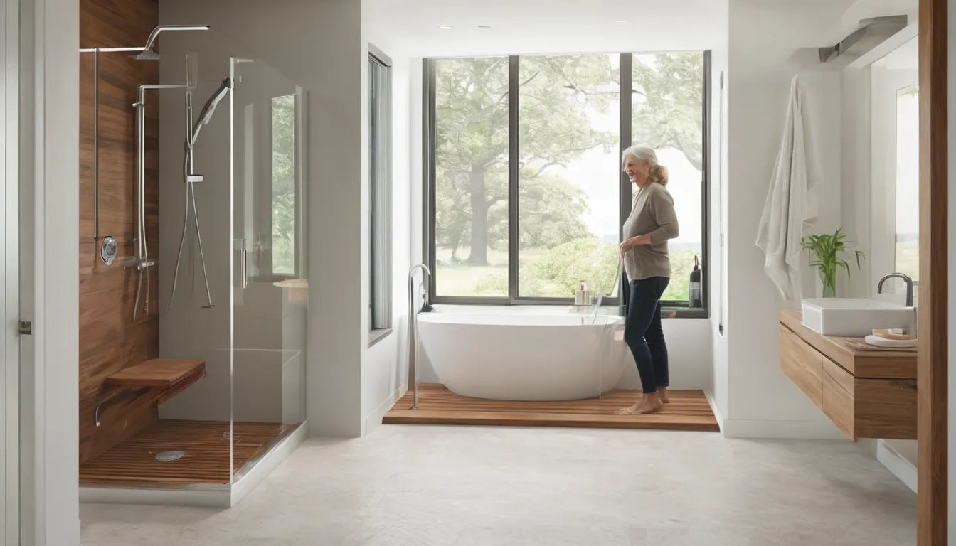 A smiling older homeowner stepping into a bright, curbless walk-in shower with a seat and grab bar in a Shelton home